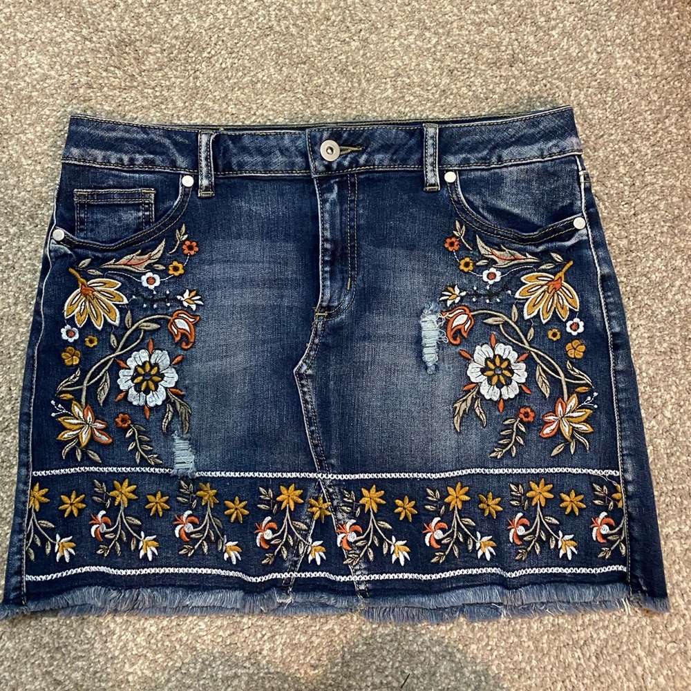 Floral embroidered jean skirt